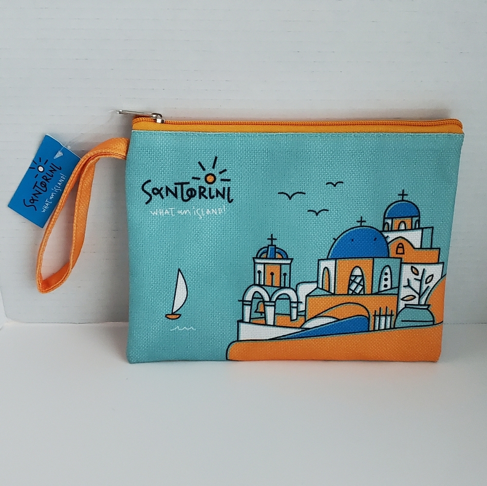 Santorini Makeup Pouch Zippered Teal Canvas Wristlet What an Island New *READ*